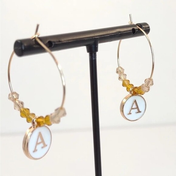 Initial Charm Earrings Gold and White - Picture 6 of 10